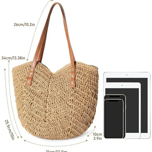 Beach Bags for Women - Straw Bag with Zipper, Soft Woven beach bag, Casual Straw - Picture 3 of 7